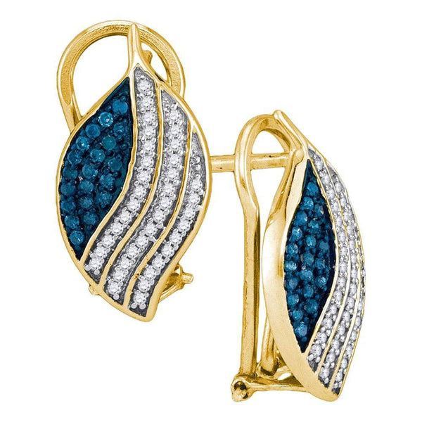 10kt Yellow Gold Womens Round Blue Color Enhanced Diamond Stripe Oval Cluster Earrings 1/2 Cttw