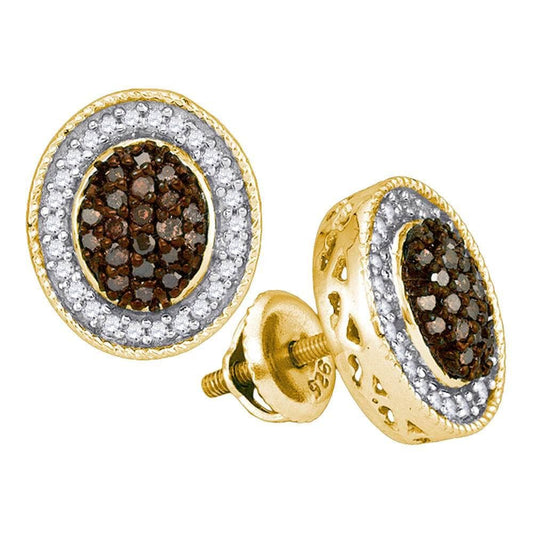 10kt Yellow Gold Womens Round Cognac-brown Color Enhanced Diamond Oval Frame Cluster Earrings 1/2 Cttw