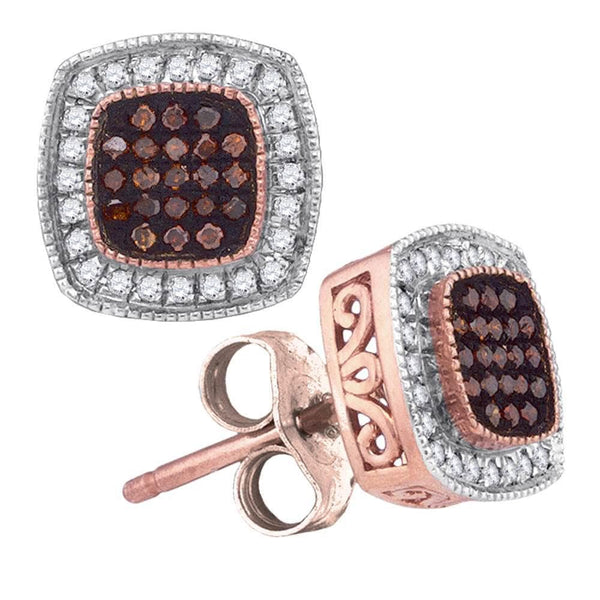 10kt Rose Gold Womens Round Red Color Enhanced Diamond Square Cluster Earrings 1/4 Cttw