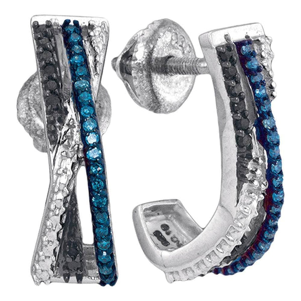 Sterling Silver Womens Round Blue Black Color Enhanced Diamond Stripe Half J Hoop Earrings 1/5 Cttw