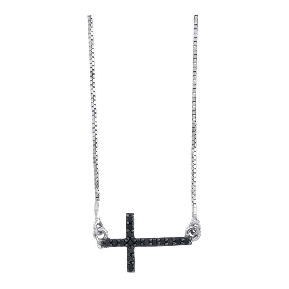 10K White Gold Womens Round Black Color Enhanced Diamond Horizontal Cross Necklace 1/10 Cttw