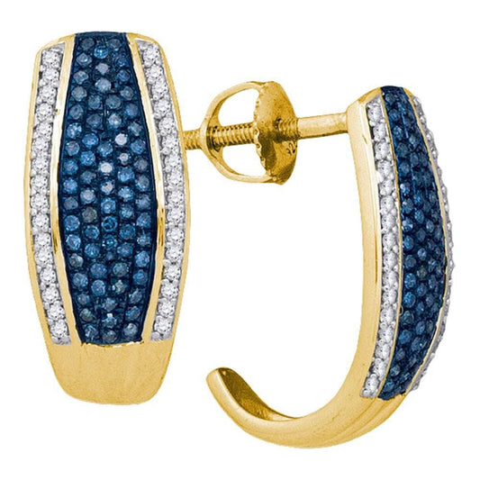 10kt Yellow Gold Womens Round Blue Color Enhanced Diamond Half J Hoop Earrings 1/2 Cttw