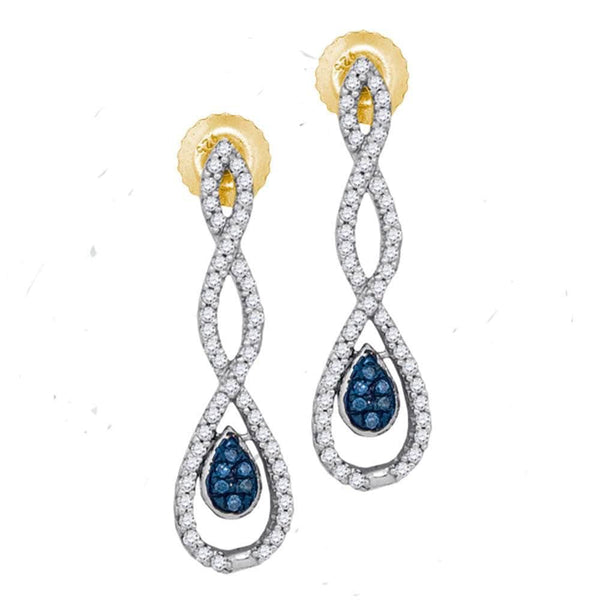 10kt Yellow Gold Womens Round Blue Color Enhanced Diamond Dangle Earrings 1/4 Cttw