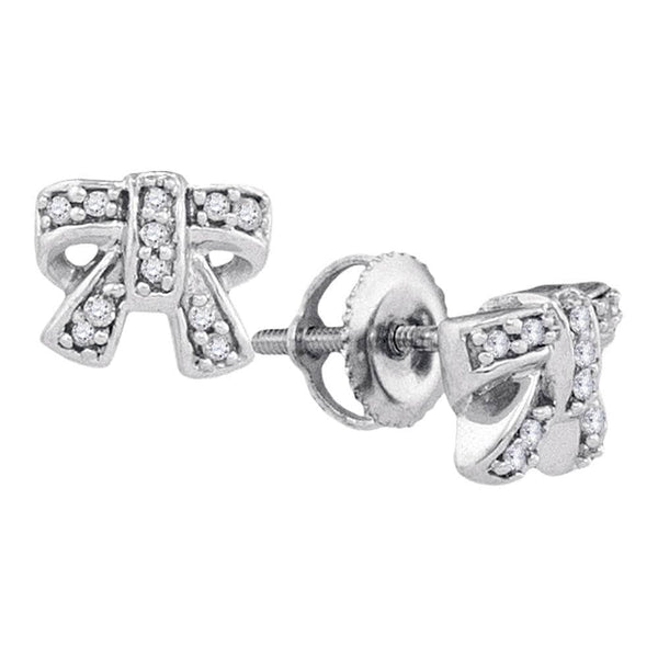 10kt White Gold Womens Round Diamond Ribbon Bow Cluster Screwback Earrings 1/10 Cttw