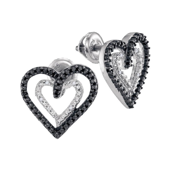 Sterling Silver Womens Round Black Color Enhanced Diamond Double Heart Stud Earrings 1/20 Cttw