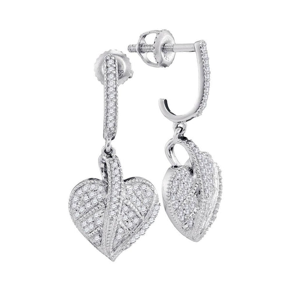 10kt White Gold Womens Round Diamond Milgrain Heart Dangle Screwback Earrings 1/3 Cttw