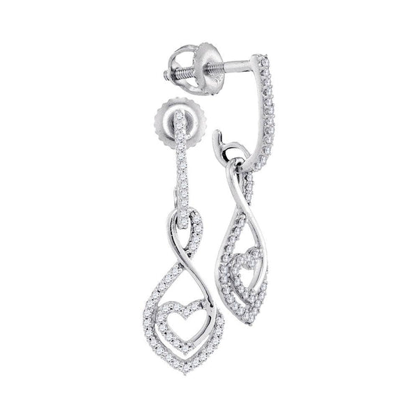 10kt White Gold Womens Round Diamond Heart Dangle Screwback Earrings 1/4 Cttw