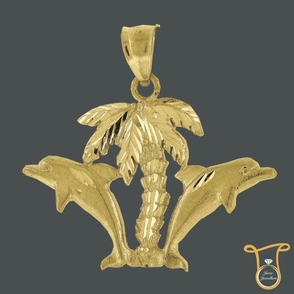 10kt Yellow Gold Hawaiian Palm Tree Double Dolphin Fashion Charm Pendant, Pendants, Silverine, Jawa Jewelers